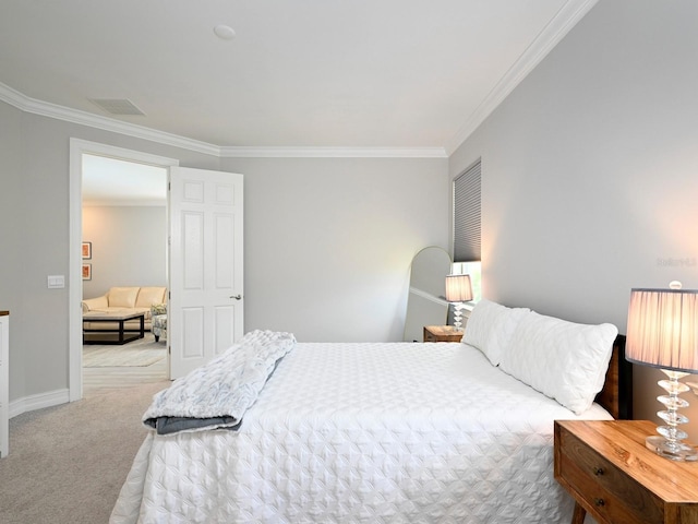 carpeted bedroom featuring crown molding