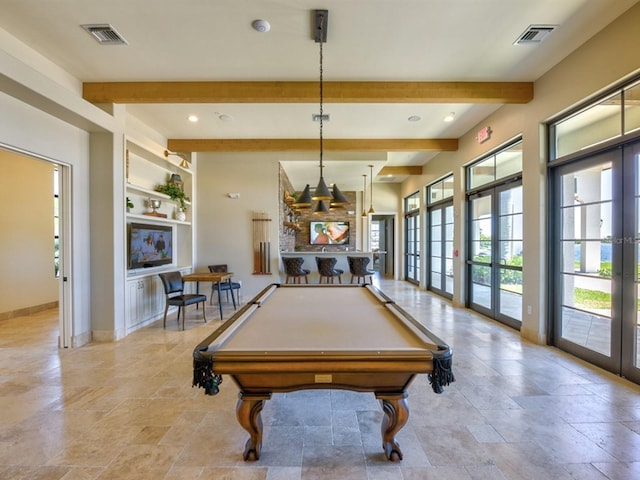 playroom with beamed ceiling, built in shelves, french doors, and pool table