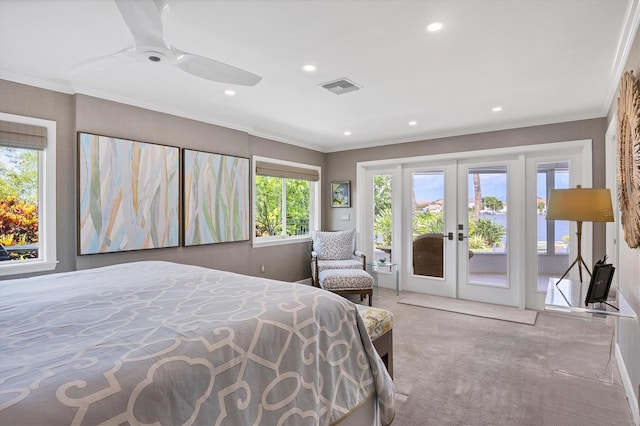 carpeted bedroom featuring ceiling fan, french doors, access to exterior, and crown molding