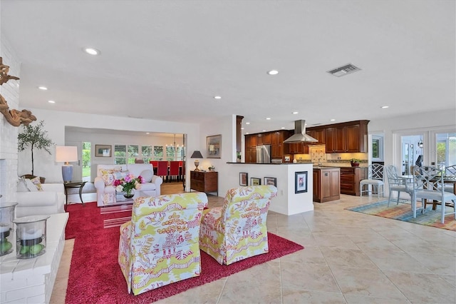 living room featuring light tile patterned floors