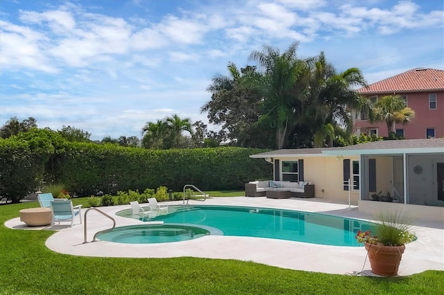 view of pool featuring an outdoor hangout area, a patio area, an in ground hot tub, and a yard