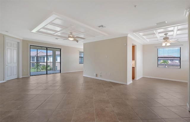 unfurnished room with plenty of natural light, ceiling fan, light tile patterned floors, and crown molding