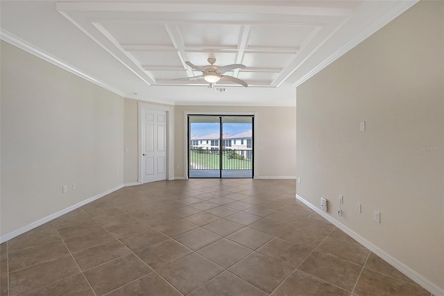 tiled empty room featuring ceiling fan, beamed ceiling, coffered ceiling, and ornamental molding