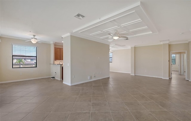 unfurnished living room with crown molding, light tile patterned floors, coffered ceiling, and ceiling fan