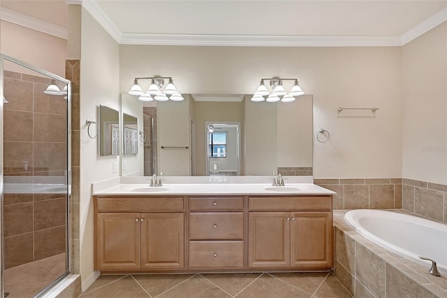 bathroom featuring vanity, tile patterned flooring, plus walk in shower, and ornamental molding