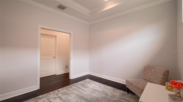 unfurnished room with dark hardwood / wood-style flooring and crown molding