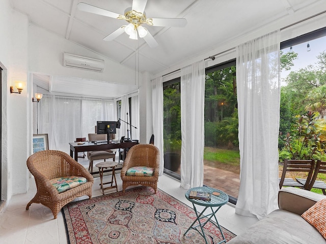 sunroom with plenty of natural light, a wall unit AC, and lofted ceiling