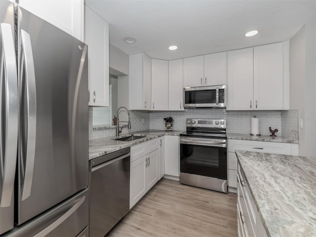 kitchen with appliances with stainless steel finishes, tasteful backsplash, light stone counters, sink, and white cabinets