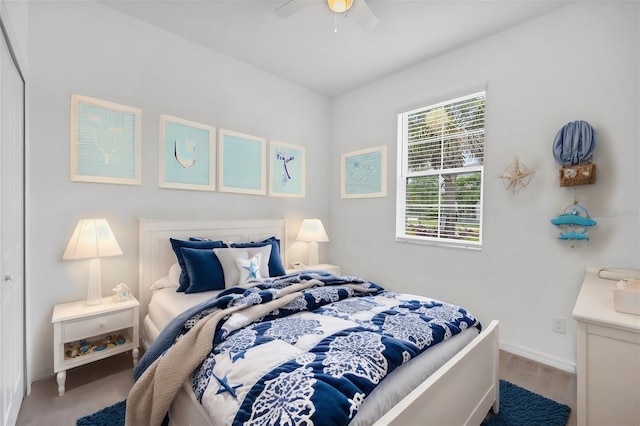 bedroom featuring carpet flooring, a closet, and ceiling fan