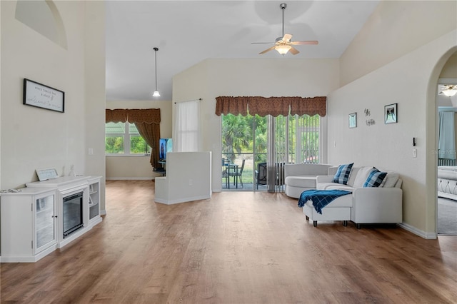 living room with ceiling fan and hardwood / wood-style floors