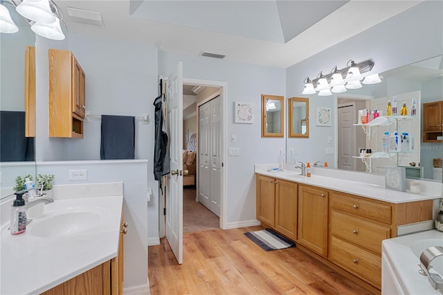 bathroom featuring hardwood / wood-style flooring and vanity