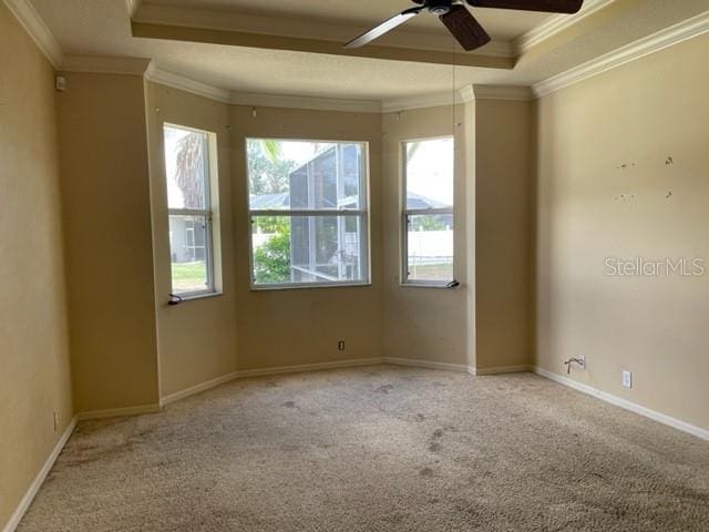 empty room featuring crown molding, light colored carpet, a tray ceiling, and ceiling fan