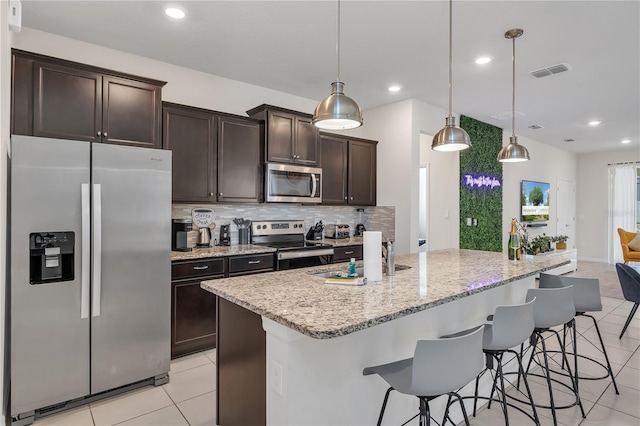 kitchen with a kitchen island with sink, hanging light fixtures, stainless steel appliances, and sink