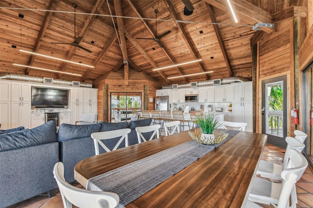 dining area featuring wood ceiling, ceiling fan, high vaulted ceiling, beamed ceiling, and wood walls