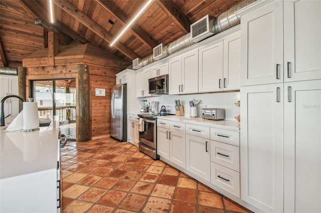 kitchen featuring appliances with stainless steel finishes, wood ceiling, wooden walls, white cabinets, and vaulted ceiling with beams