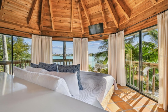 sunroom featuring vaulted ceiling with beams and wooden ceiling