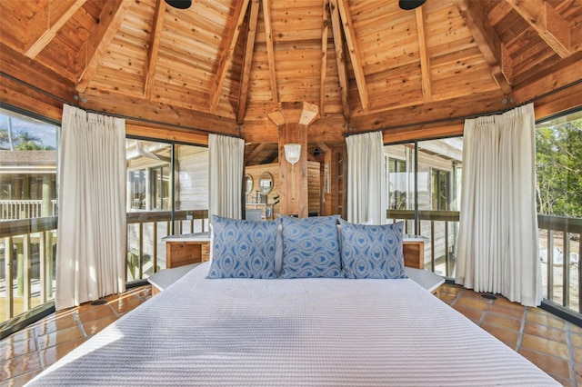 sunroom / solarium featuring wood ceiling and lofted ceiling with beams