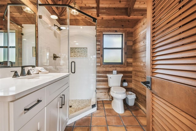 bathroom with a shower with door, wooden walls, wooden ceiling, tile patterned flooring, and toilet