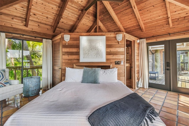 bedroom with access to outside, multiple windows, french doors, and wood ceiling