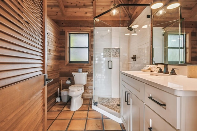 bathroom featuring tile patterned flooring, wood walls, an enclosed shower, toilet, and wood ceiling