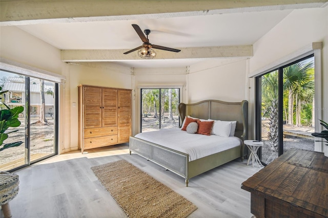 bedroom with ceiling fan, beam ceiling, access to outside, and light hardwood / wood-style flooring