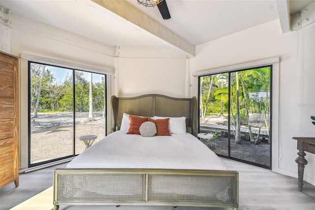 bedroom featuring access to outside, light hardwood / wood-style floors, multiple windows, and ceiling fan