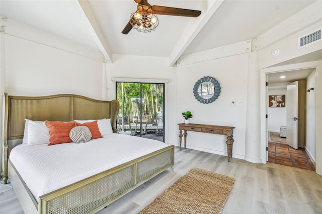 bedroom featuring access to outside, ceiling fan, light hardwood / wood-style flooring, and beamed ceiling