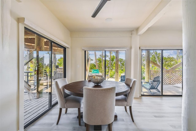 dining area featuring plenty of natural light, beamed ceiling, and light hardwood / wood-style flooring