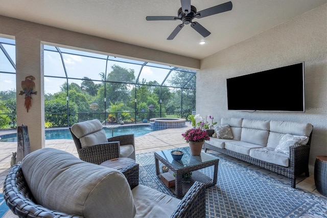 interior space featuring ceiling fan