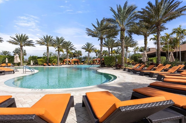 view of swimming pool featuring a patio area