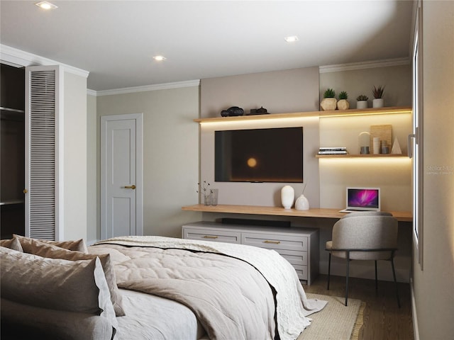 bedroom with hardwood / wood-style floors and crown molding