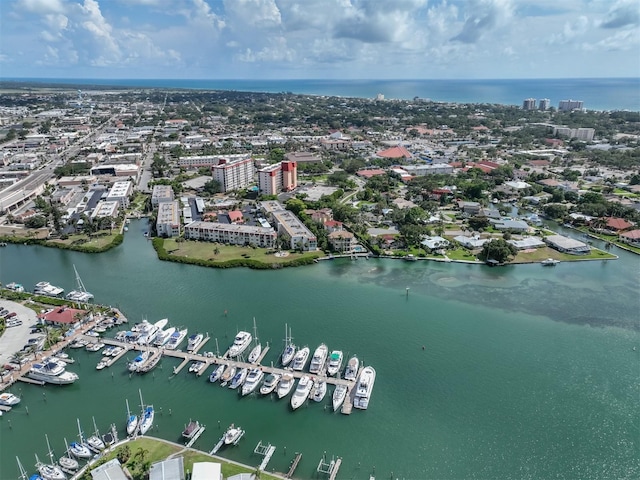 bird's eye view with a water view