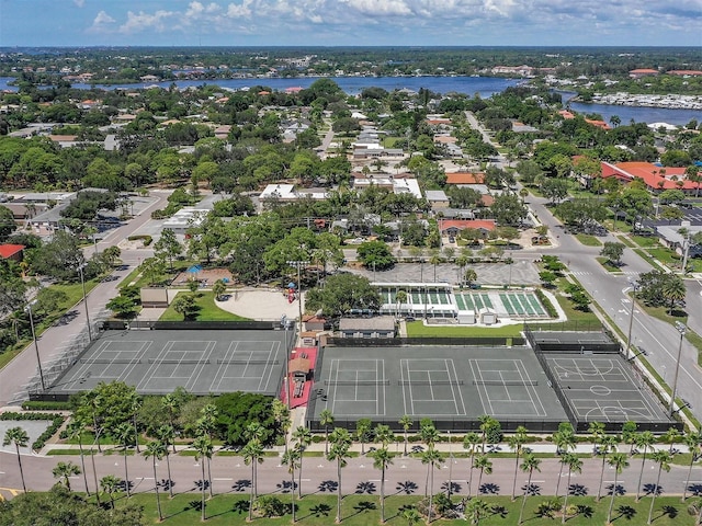 bird's eye view with a water view