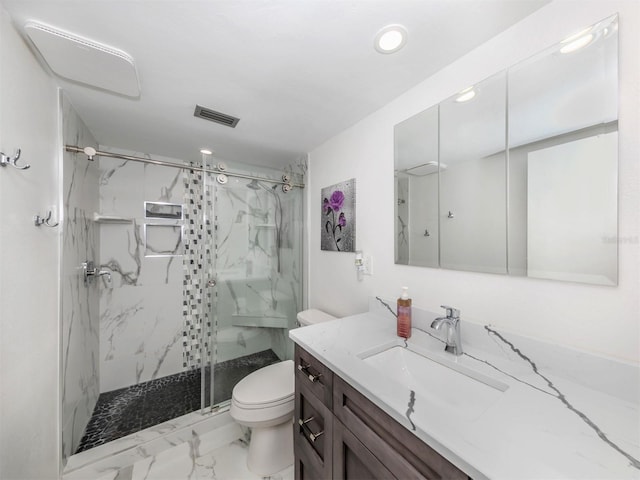 bathroom featuring visible vents, marble finish floor, toilet, recessed lighting, and a marble finish shower