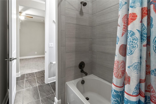 bathroom featuring tile patterned floors, ceiling fan, and shower / bathtub combination with curtain