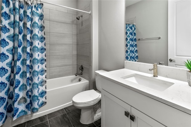 full bathroom with tile patterned flooring, vanity, toilet, and shower / tub combo with curtain