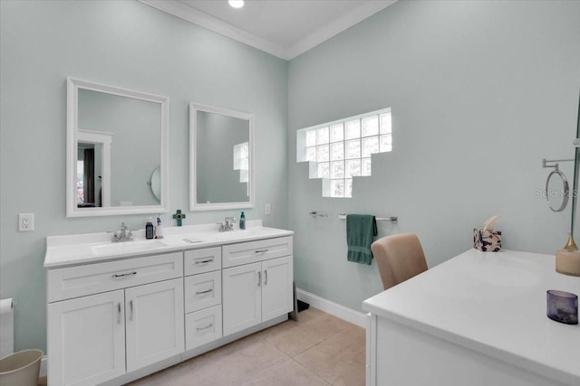 bathroom with tile patterned floors, vanity, and ornamental molding