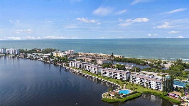 bird's eye view with a water view