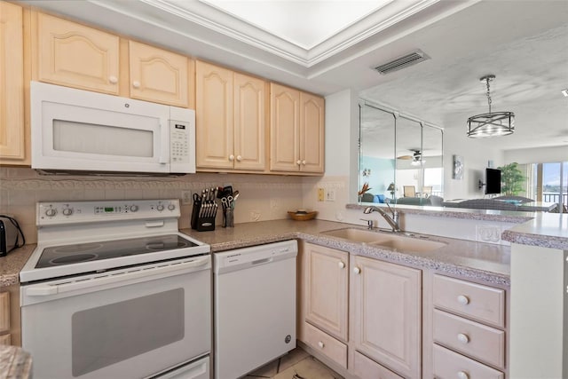 kitchen featuring ornamental molding, sink, light tile patterned floors, white appliances, and light brown cabinetry