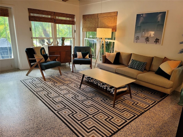 living area featuring speckled floor