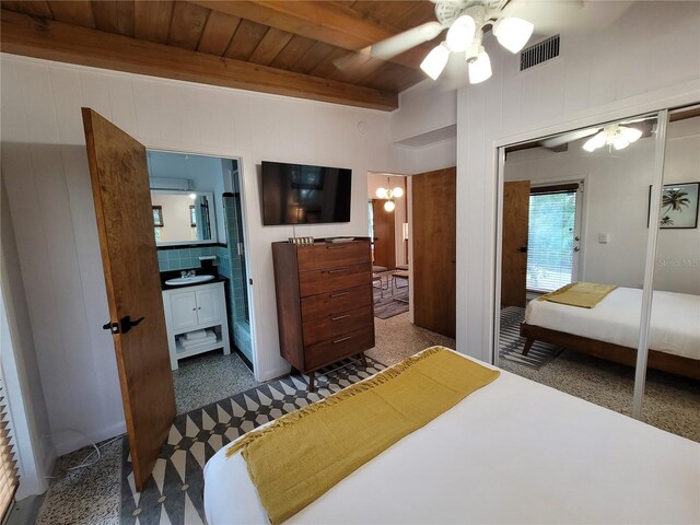 bedroom with visible vents, beamed ceiling, a sink, wooden ceiling, and ceiling fan