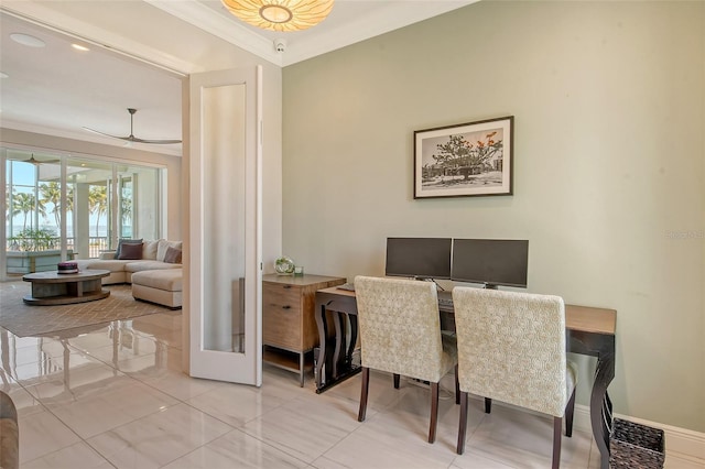 office area with ceiling fan, french doors, and ornamental molding