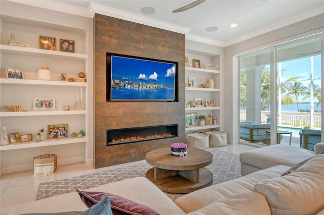 tiled living room featuring built in shelves, crown molding, and a fireplace