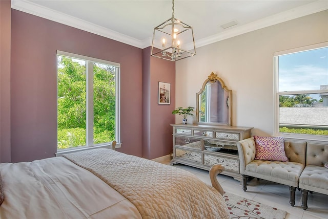 tiled bedroom featuring an inviting chandelier and ornamental molding