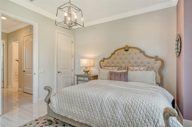 bedroom featuring ornamental molding and a chandelier