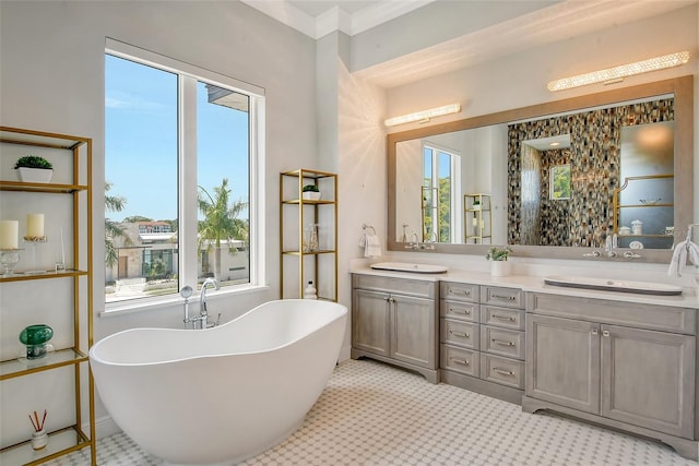 bathroom with a bathing tub, vanity, and a healthy amount of sunlight