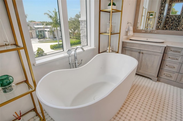 bathroom featuring a washtub and vanity