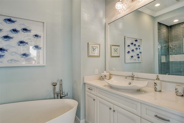 bathroom featuring crown molding, vanity, and shower with separate bathtub