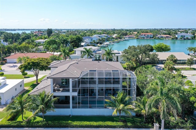 bird's eye view with a water view