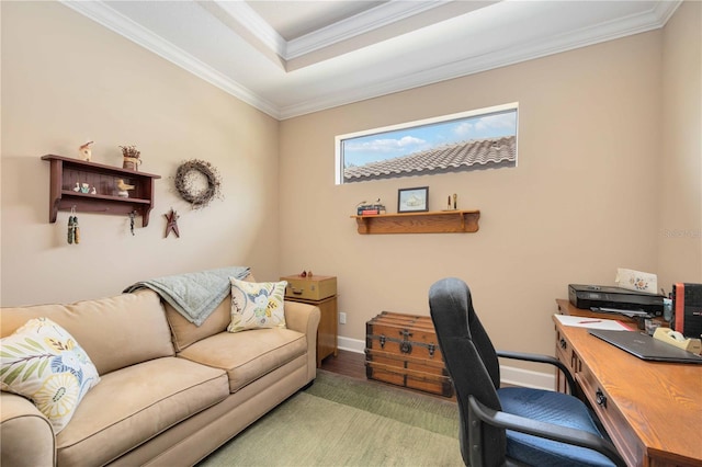 home office featuring hardwood / wood-style flooring and crown molding